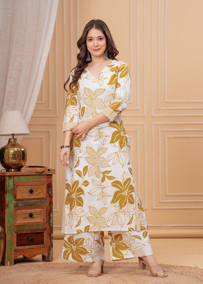 Elegant Pure Cotton Floral Kurta Pant Set