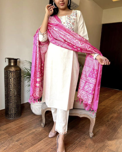 Khadi Cotton Embroidery Suit with Khadi Silk Dupatta