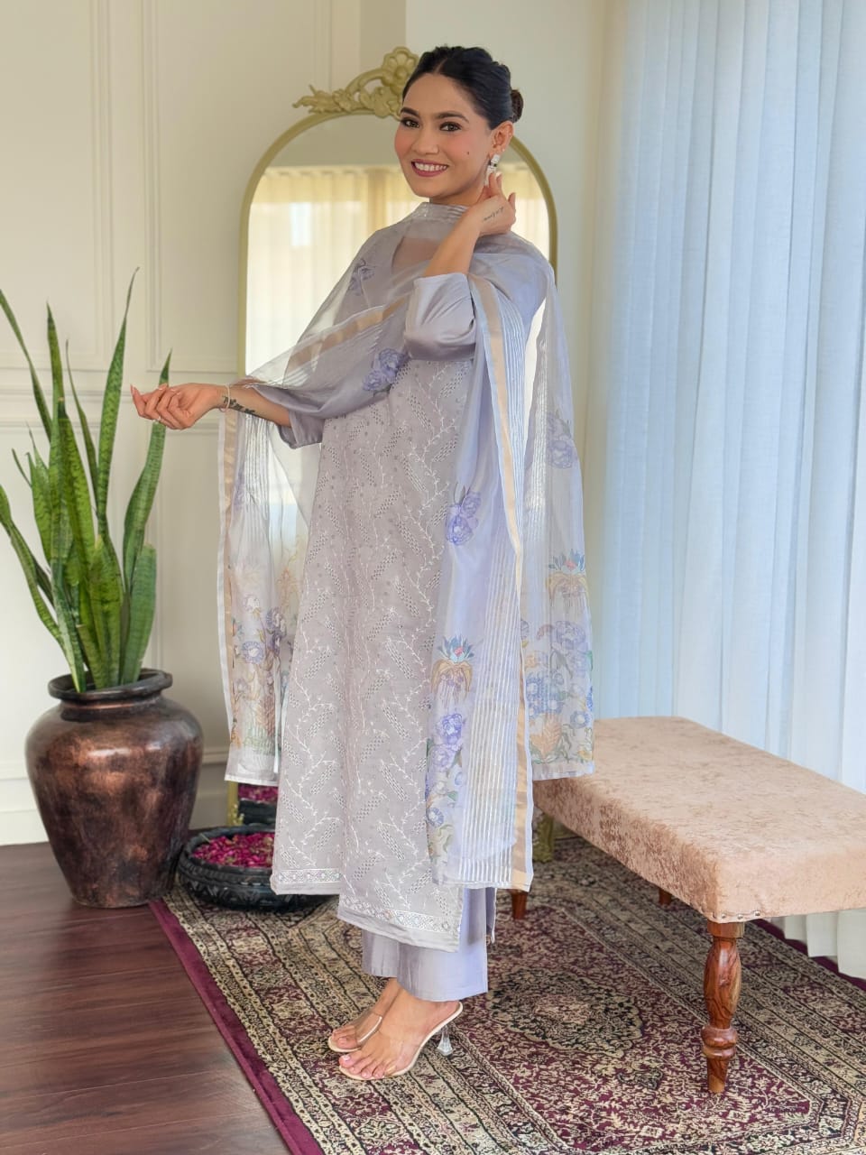 New Launch: Elegant Roman Silk Suit Set with Chikankari & Sequins Work