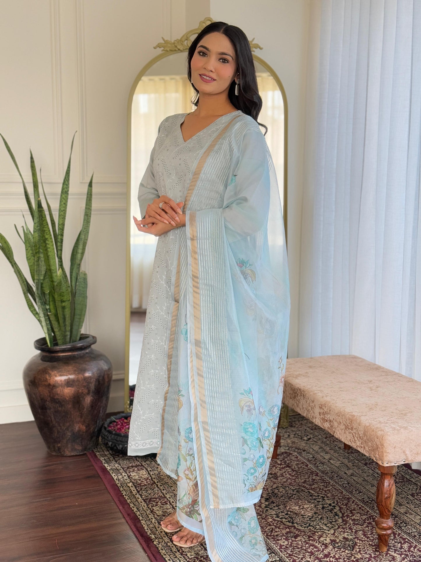 New Launch: Elegant Roman Silk Suit Set with Chikankari & Sequins Work