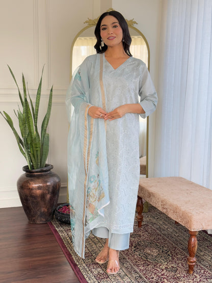 New Launch: Elegant Roman Silk Suit Set with Chikankari & Sequins Work