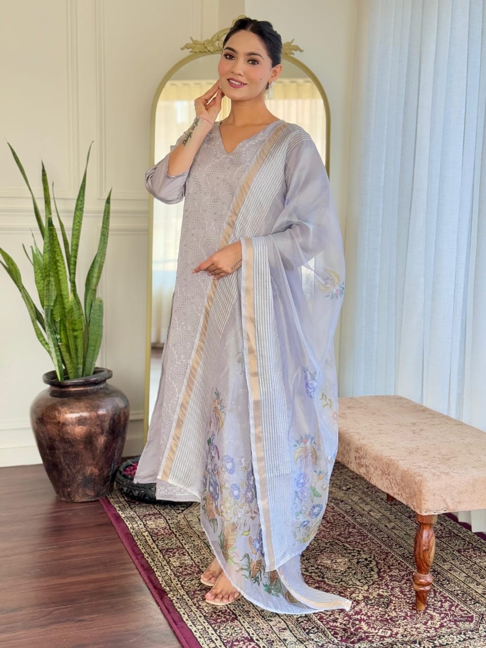 New Launch: Elegant Roman Silk Suit Set with Chikankari & Sequins Work