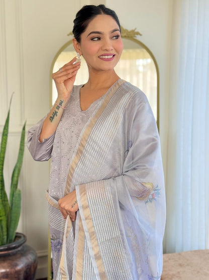 New Launch: Elegant Roman Silk Suit Set with Chikankari & Sequins Work