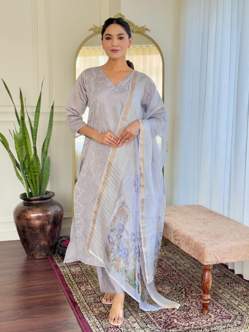 New Launch: Elegant Roman Silk Suit Set with Chikankari & Sequins Work