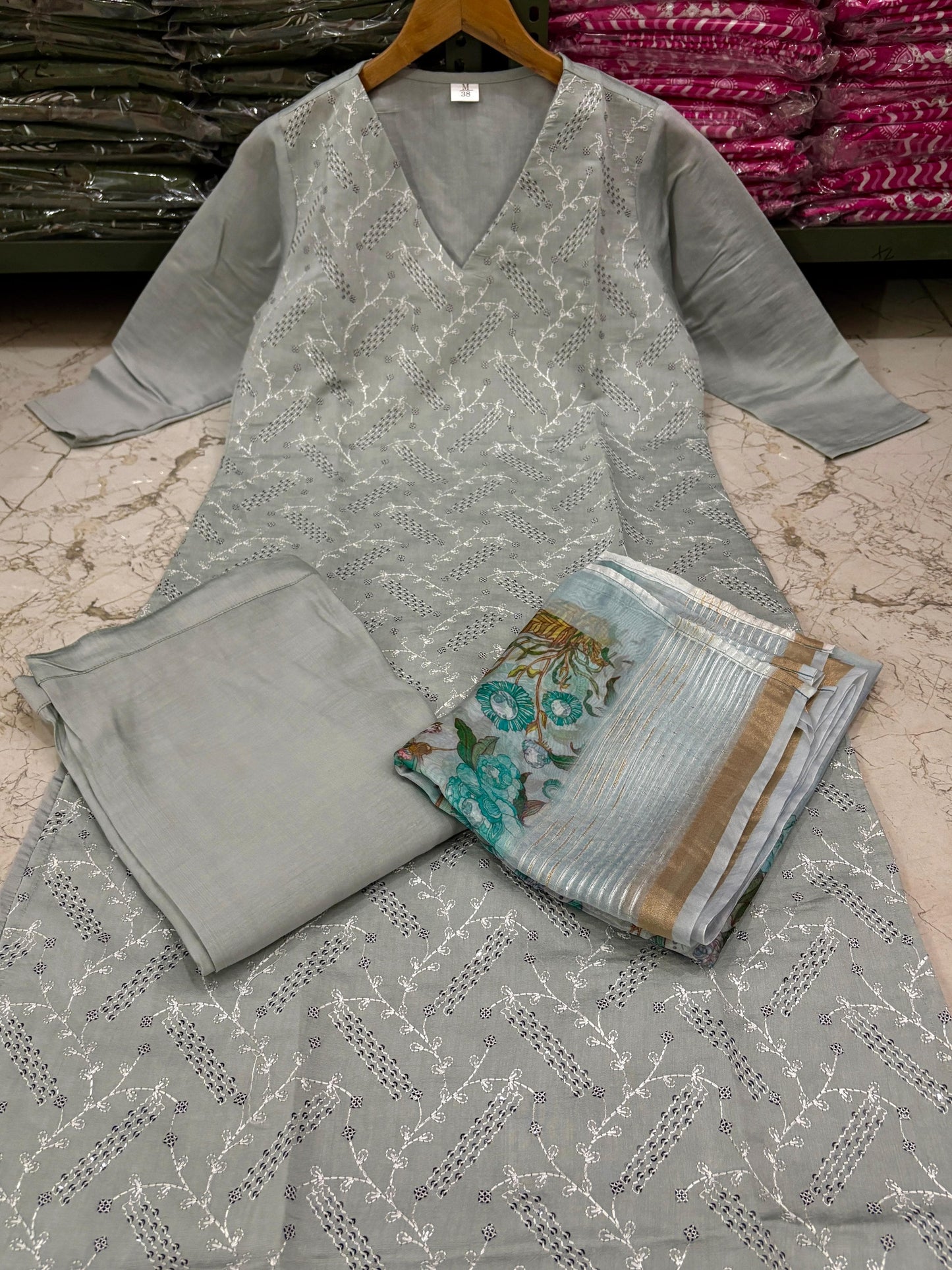 New Launch: Elegant Roman Silk Suit Set with Chikankari & Sequins Work