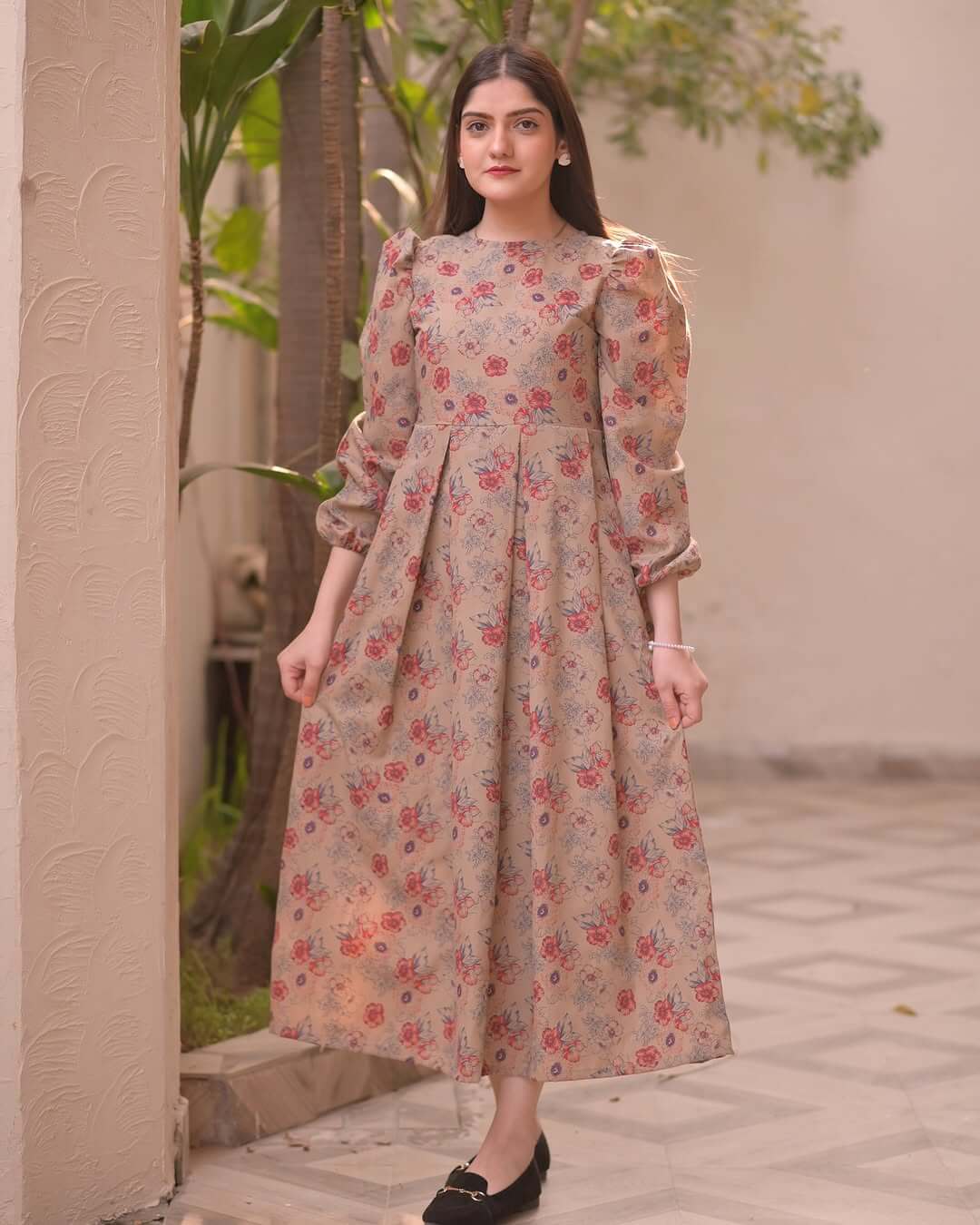 Lotus print cotton midi gown with puff sleeves, perfect summer outfit, made from pure cotton, comfortable and stylish.