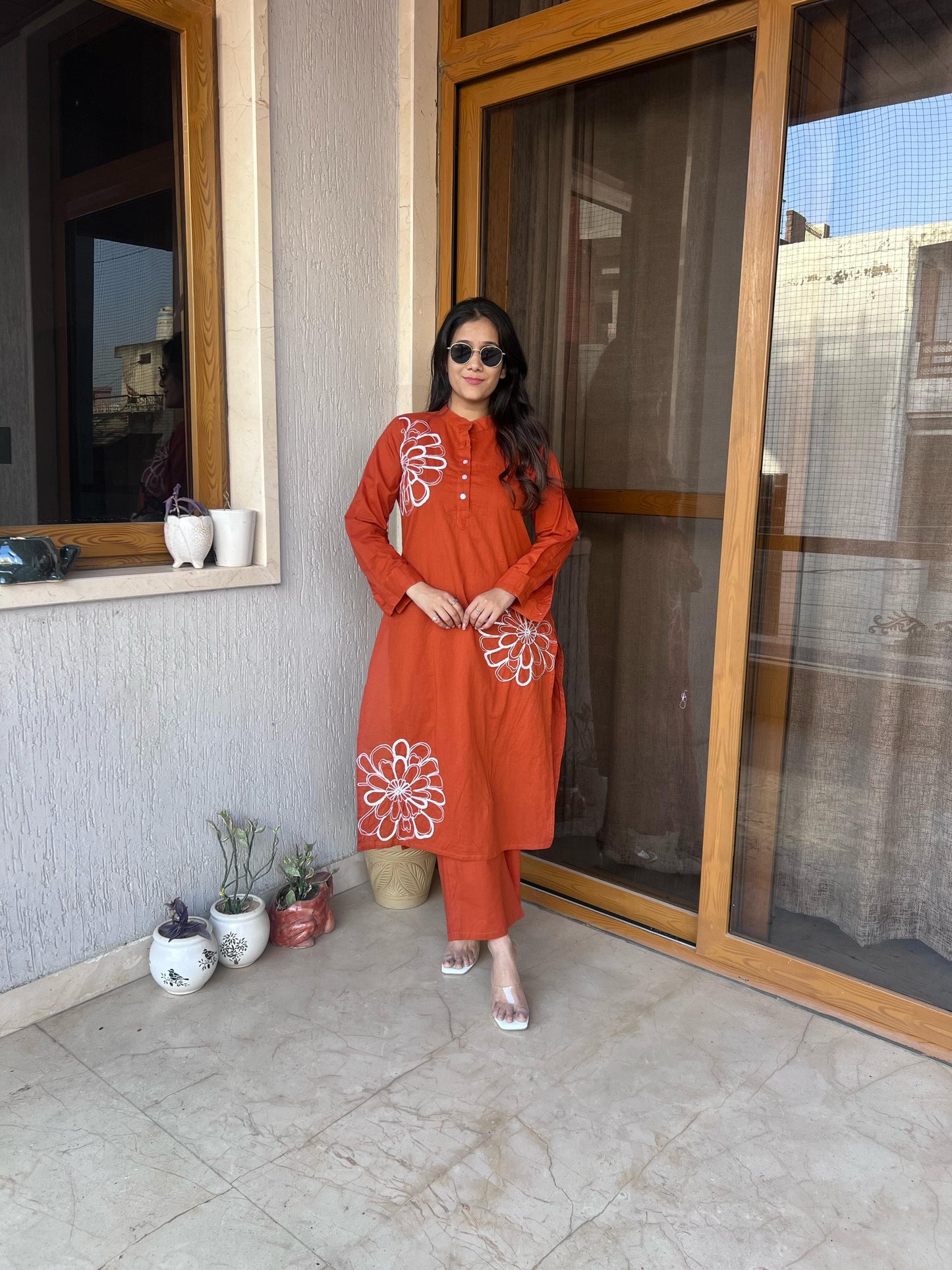 New Arrival – Elegant Rust Embroidered Cotton Suit