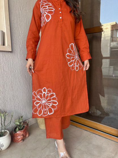 New Arrival – Elegant Rust Embroidered Cotton Suit