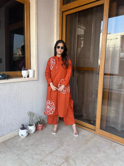 New Arrival – Elegant Rust Embroidered Cotton Suit