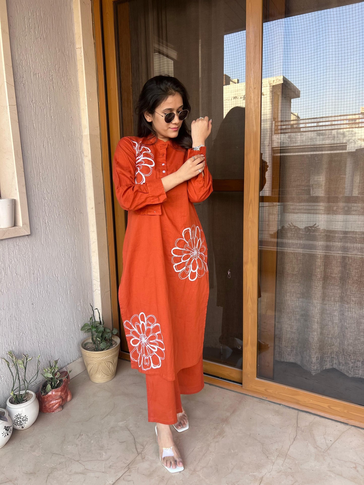 New Arrival – Elegant Rust Embroidered Cotton Suit