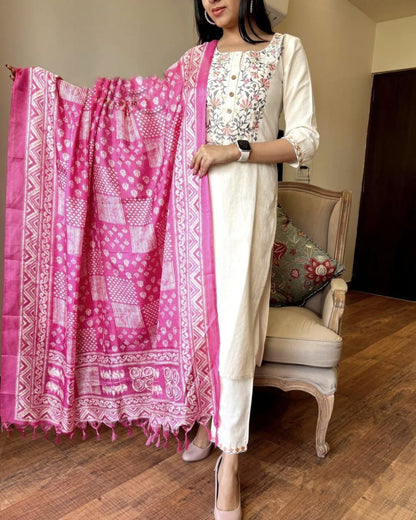 Khadi Cotton Embroidery Suit with Khadi Silk Dupatta