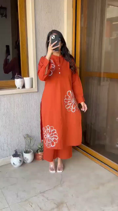 New Arrival – Elegant Rust Embroidered Cotton Suit